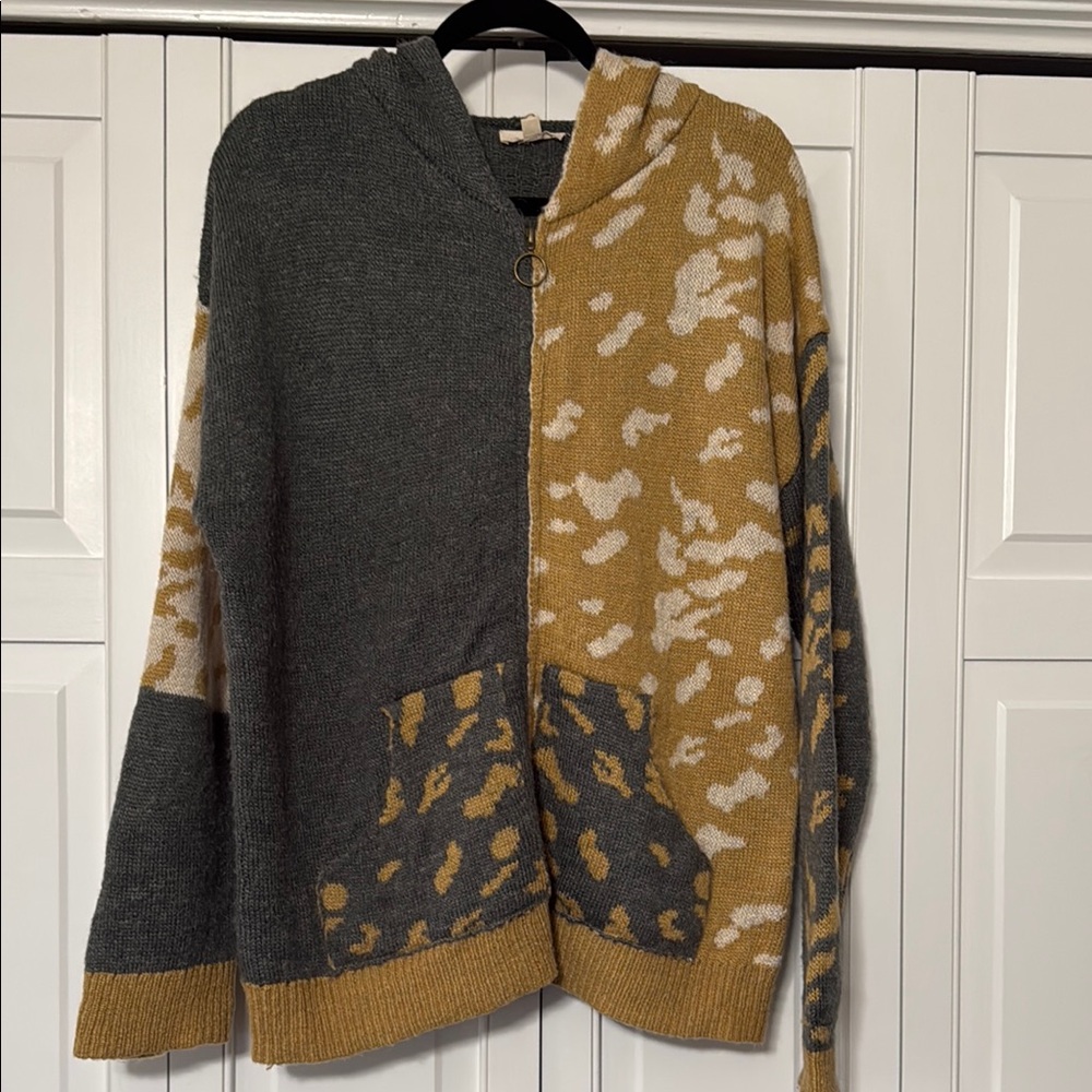 Mystree Gray and Tan Cardigan with Unique Split Design